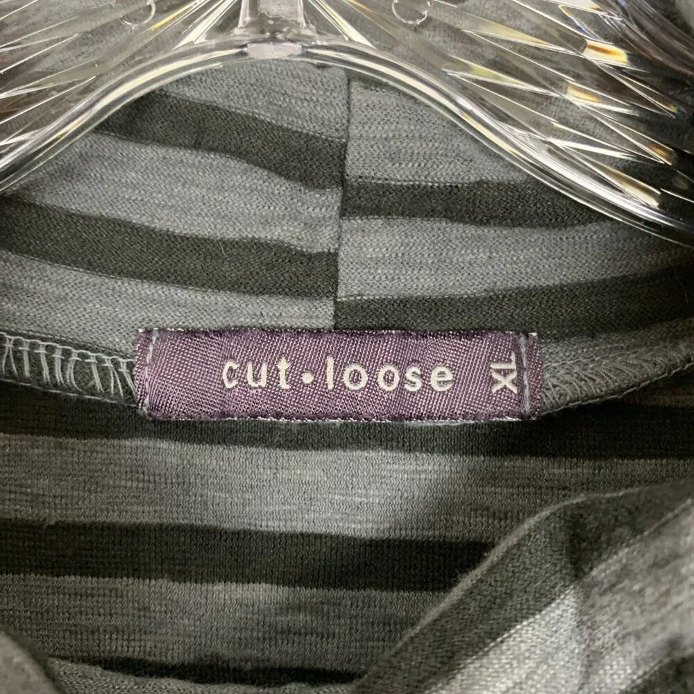 Cut Loose Womens XL Linen Blend Turtleneck Tunic Black Gray Stripe Lagenlook